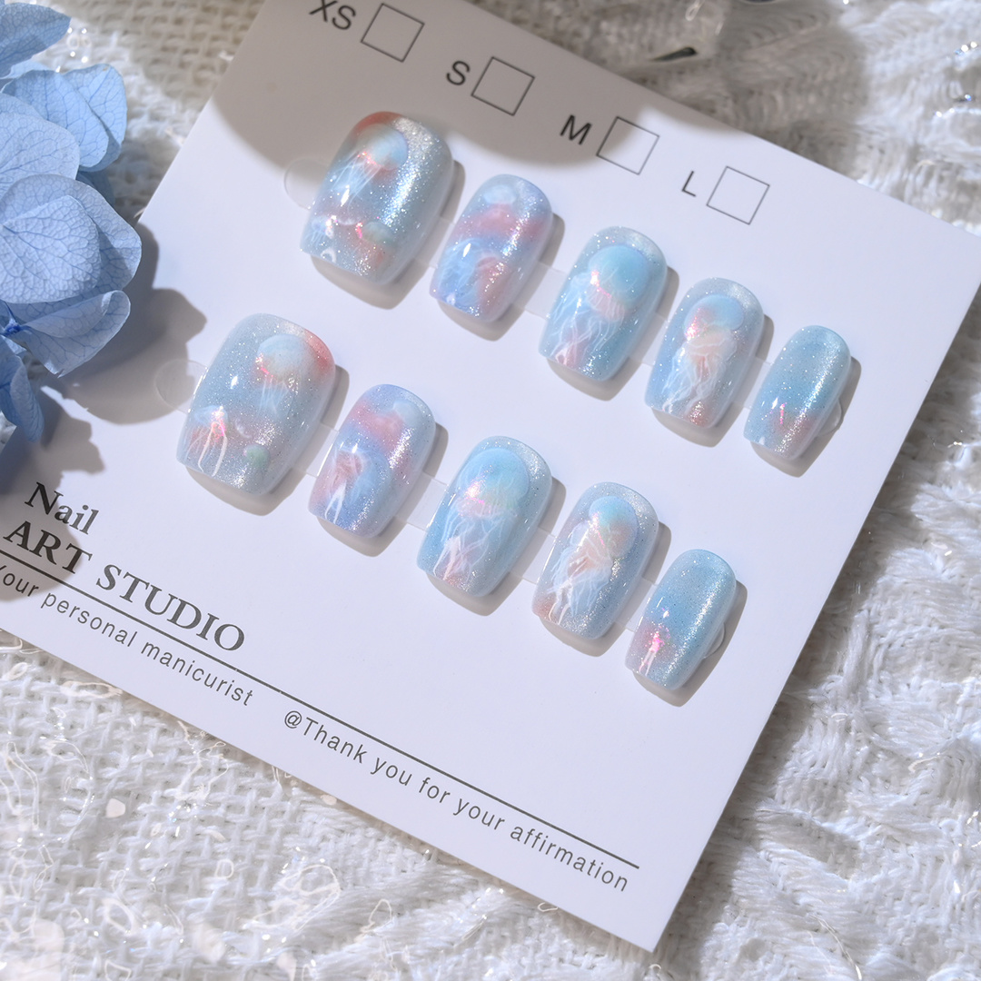 10 Buah Kuku Palsu Biru Kawaii - Nail Art Emerald ulasan dan harga